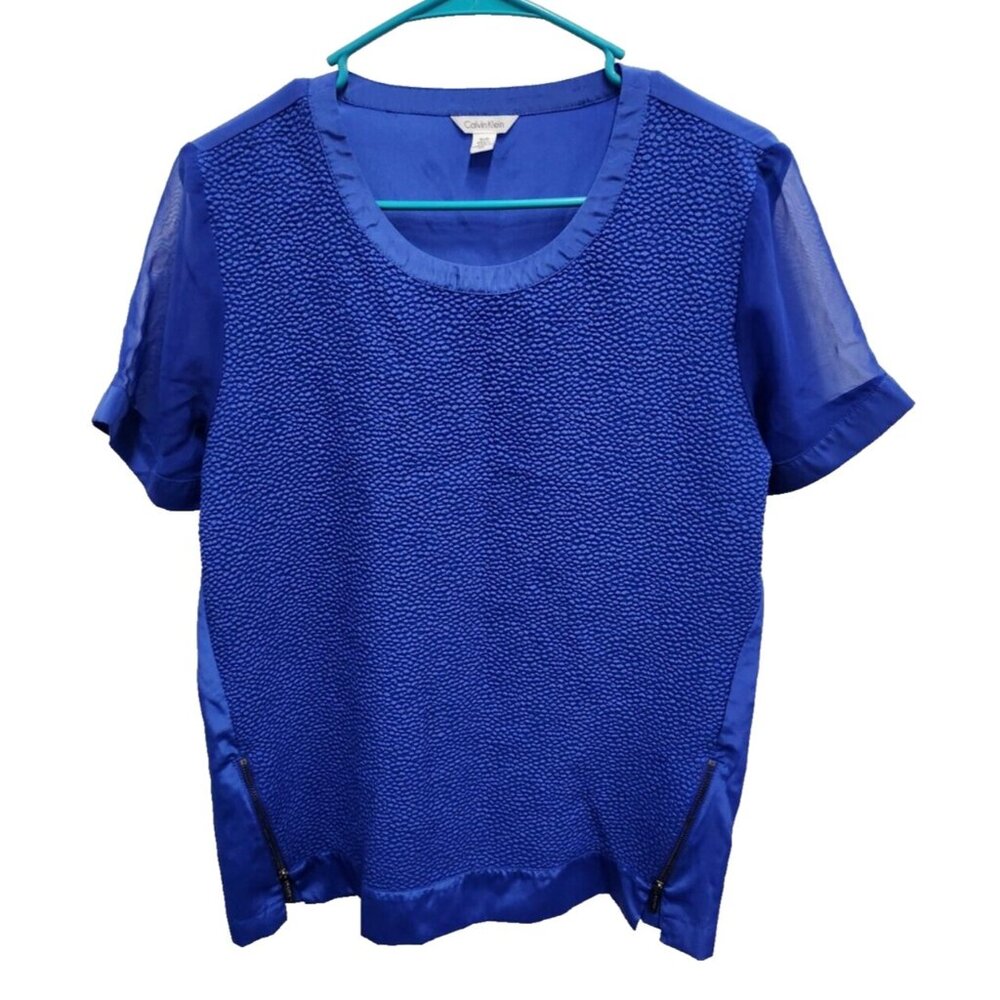 Calvin Klein Womens Royal Blue Zip Hem Top Small Sheer Sleeve Preppy Casual